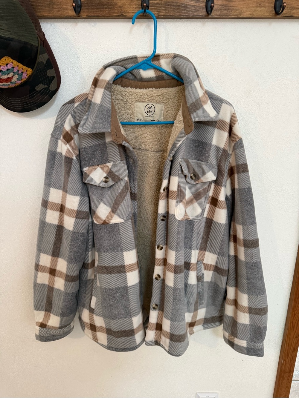 Sage Collective Gray and Brown Sherpa-Lined Plaid Shacket